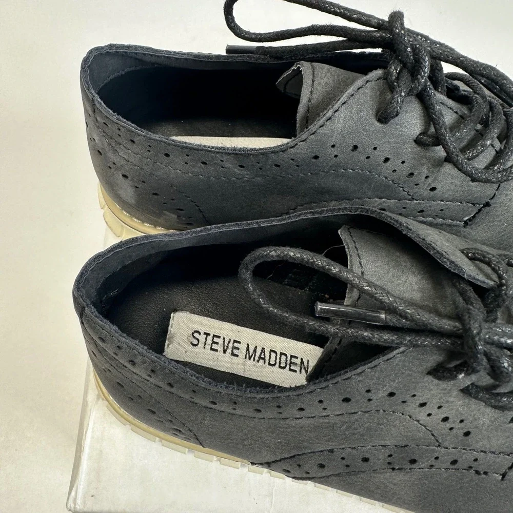 Steve Madden BMAT Mens Black Wingtip Brogue Oxford Shoes Contrast Lug Sole Sz 6